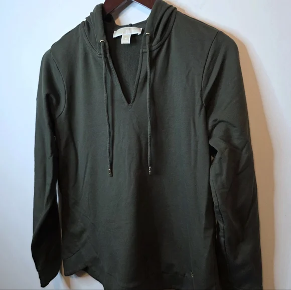 Michael Michael Kors Olive Green V-Neck Hoodie Crossover Hem Size Medium - Picture 7 of 8